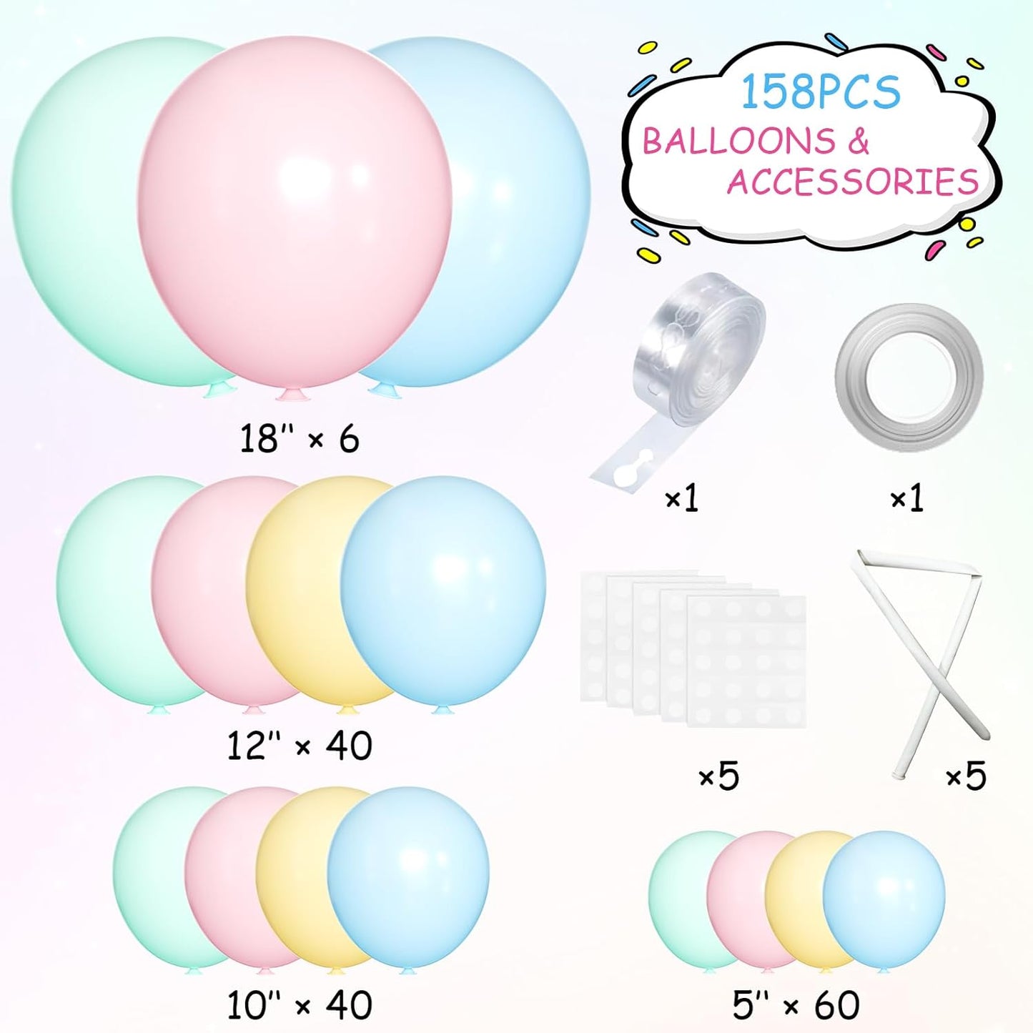 Pastel Balloon Garland Arch Kit, 146Pcs Macaron Pink Blue Green Yellow Latex Balloons Different Sizes 18 12 10 5 Inch for Gender Reveal Baby Shower Wedding Birthday Party Decoration