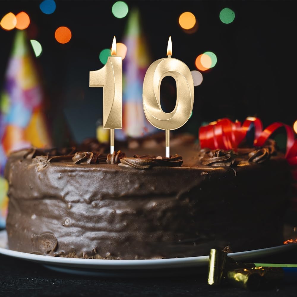 10th Birthday Candles Number Candles 10th Birthday Candle 3D Diamond Shape Number Candles Numeral Birthday Cake Topper Cake Candles for Birthday Decoration Theme Party Cake Decoration Champagne Gold