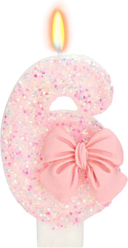 Birthday Candle for Cake, 6 Candle - Pink Glitter with Bowknot, 2.76 inch Happy Birthday Candle, Cake Topper Decoration for 6 Years Old Birthday Party (Number 6)
