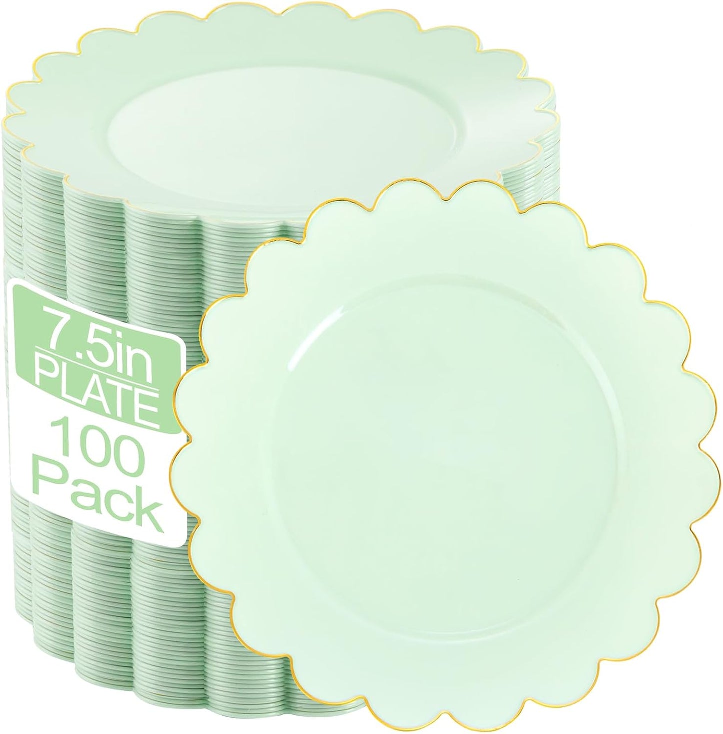 LIYH 100 Pcs Sage Green Plates Scalloped Plastic Dessert Plate Gold Rim - 7.5 Inch Heavy-Duty Leak Proof Appetizer Plastic Plates for Birthday Wedding Holiday Party Self-Service Table Decor
