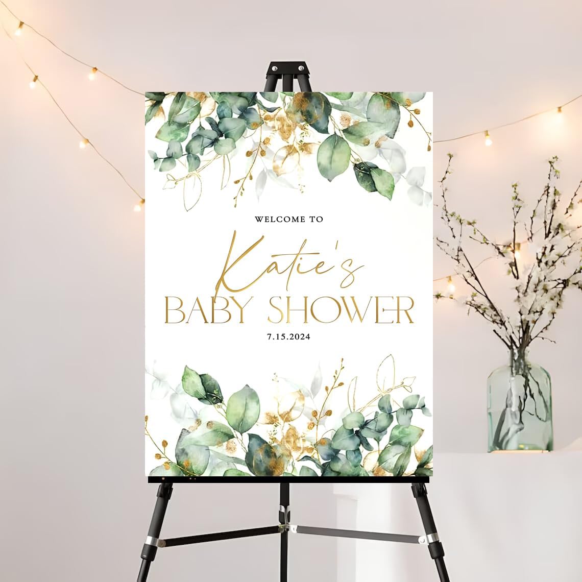 Greenery Gold Personalized Baby Shower Sign, Welcome to Baby Party Sign, Printable Eucalyptus Greenery Welcome Sign, Editable Greenery Baby Shower Sign Decoration, Gender Neutral Baby Shower Signs, Plastic Sign.