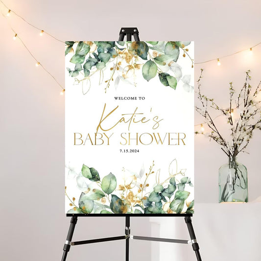 Greenery Gold Personalized Baby Shower Sign, Welcome to Baby Party Sign, Printable Eucalyptus Greenery Welcome Sign, Editable Greenery Baby Shower Sign Decoration, Gender Neutral Baby Shower Signs, Plastic Sign.