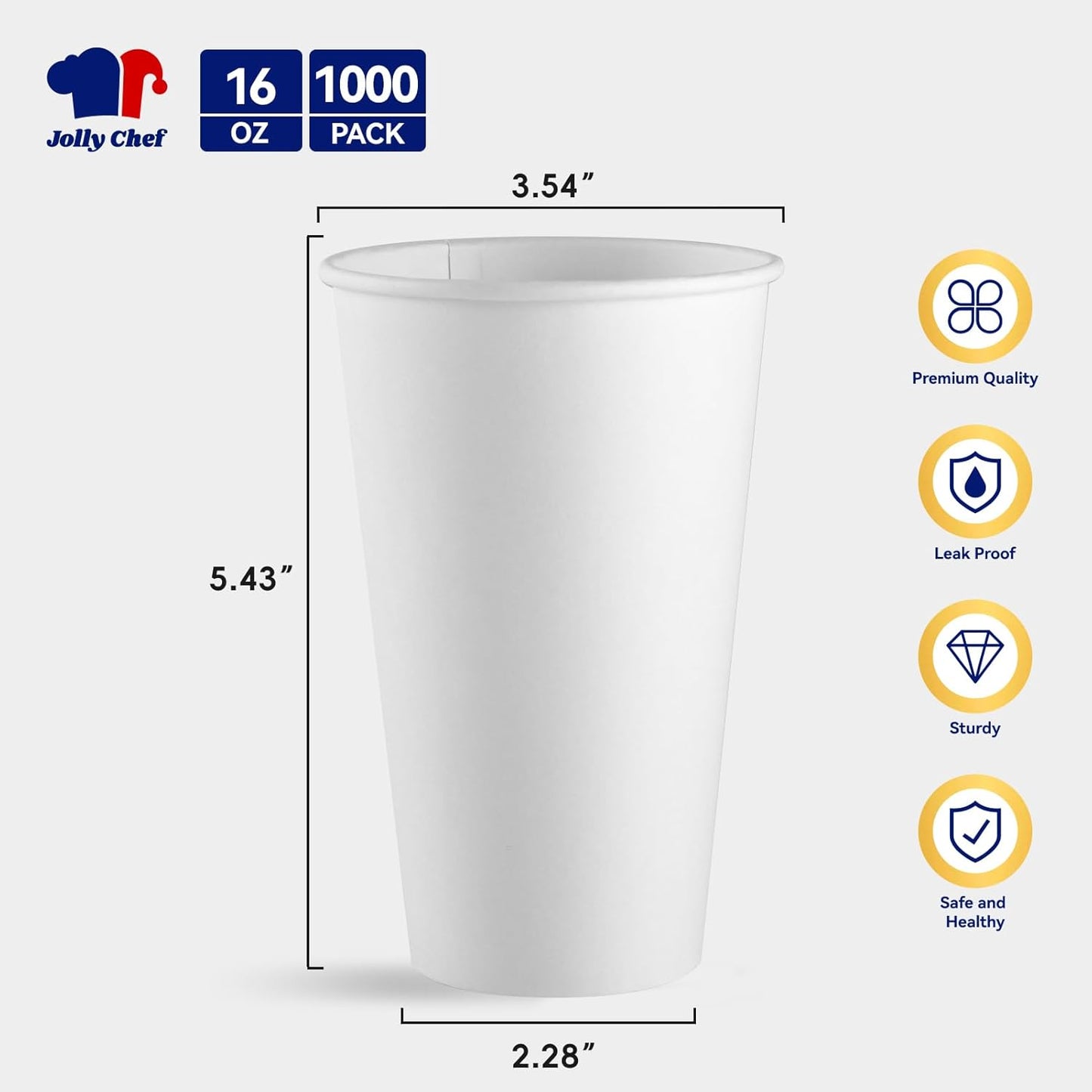 JOLLY CHEF 1000 Pack Disposable Paper Coffee Cups 16 oz Hot Beverage Paper Cups Water, Ideal for Party, Office, Home, Travel and More (White)