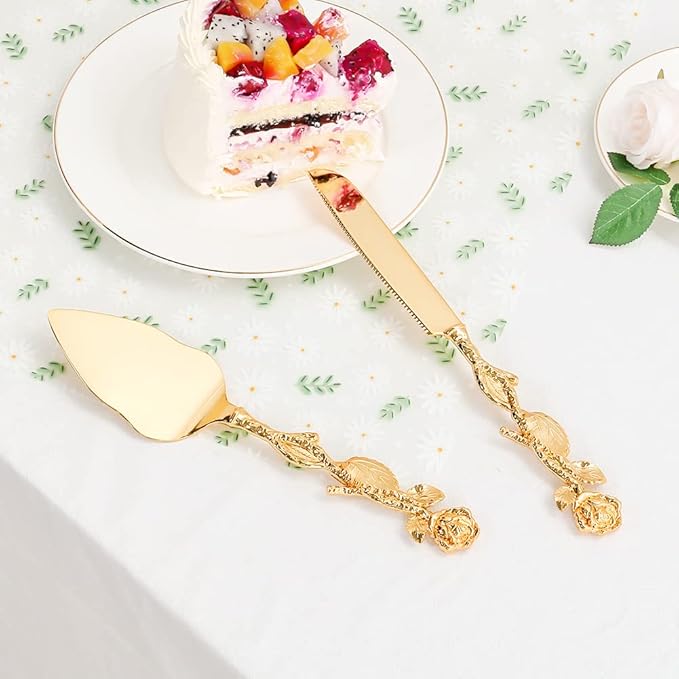 TUKDAK Cake Cutting Set for Wedding, Personalized Gold Cake Knife and Server Set, Custom Cake Serving Set, Engraved Pastry Pie Server Cake Pizza Cutter, Birthday Bridal Gift (F-Rose)