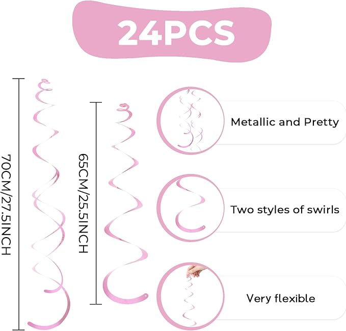 24 PCS Pink Hanging Swirl, Sparkle Ceiling Hanging Decorations, Plastic Streamer Party Decorations with Double-Swirls and Single-Swirls for Birthday Decorations, Valentine's, Galentines,Baby Shower