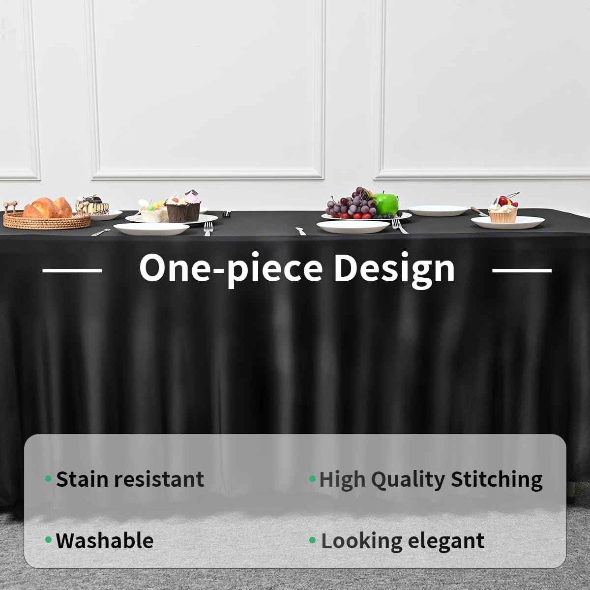 HAORUI Table Skirts, 6ft Rectangle Wrinkle Resistant Table Clothes, Ruffles Elastic Table Cover for Banquets, Weddings, Parties Black…