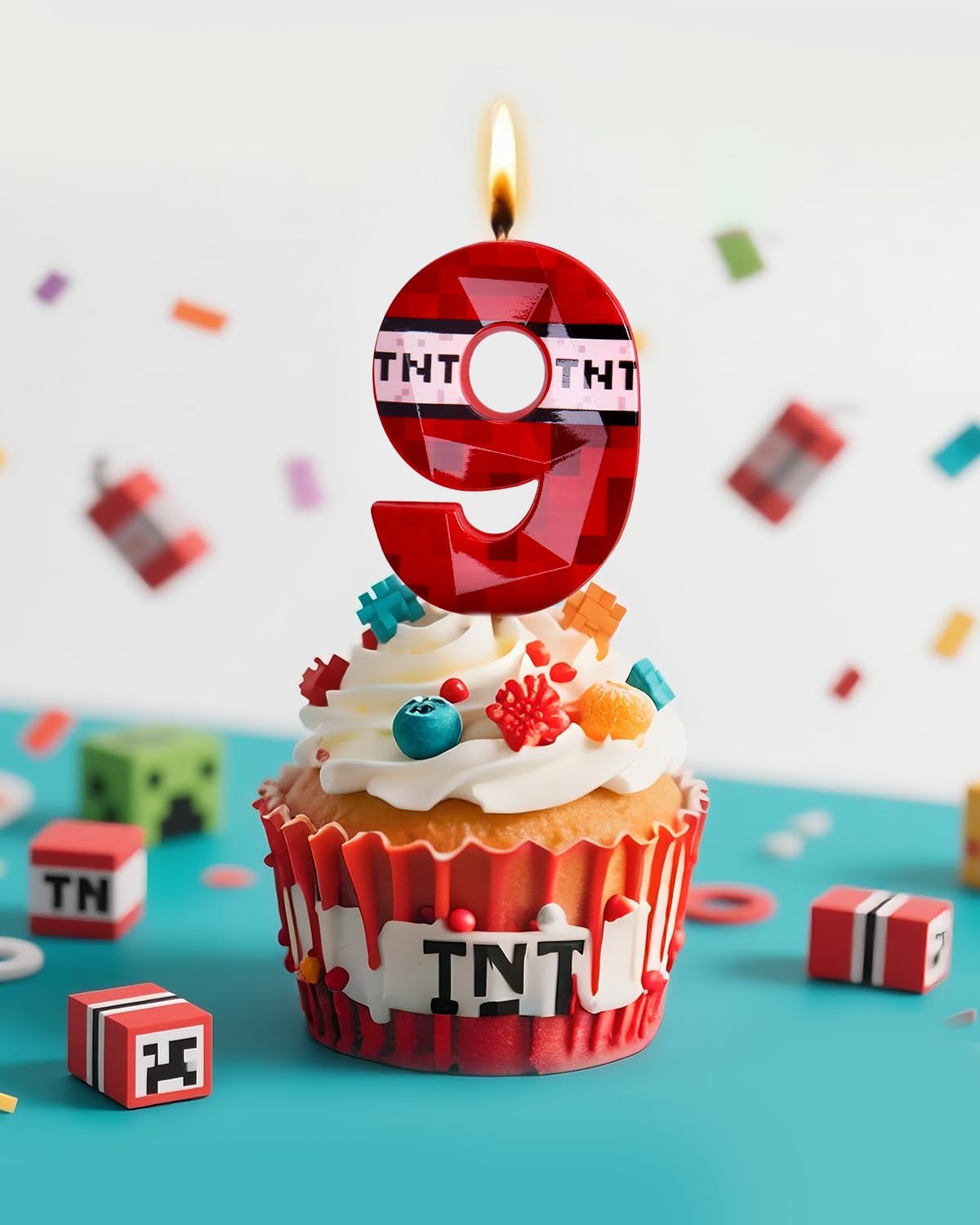Pixel Birthday Candle, 2.68 Inch Miner Number Candles, Game Themed Candle Birthday Decoration for Pixel Theme Birthday Anniversary Dynamite Video Game Party (Red, 9)