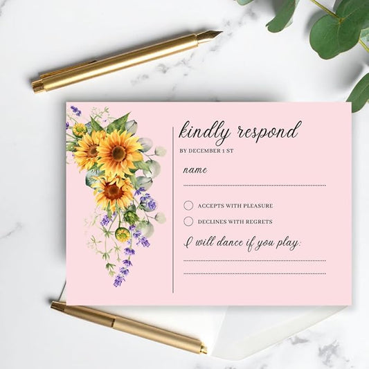 Preprinted Purple and Yellow Sunflower Wedding or Party RSVP Cards, Personalized Response Card Glossy Finish With White Envelopes, Set of 15 with Envelope, 5x3.5 inch Cards (Pink)