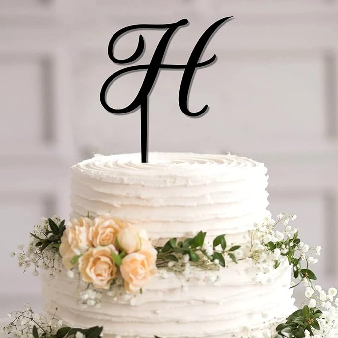 Custom Initials Letter H Cake Toppers Black Acrylic Happy Birthday Cake Toppers Letters Bride Shower Wedding Cake Decoration Rustic Couple Cake Topper for Anniversary Engagement Gifts