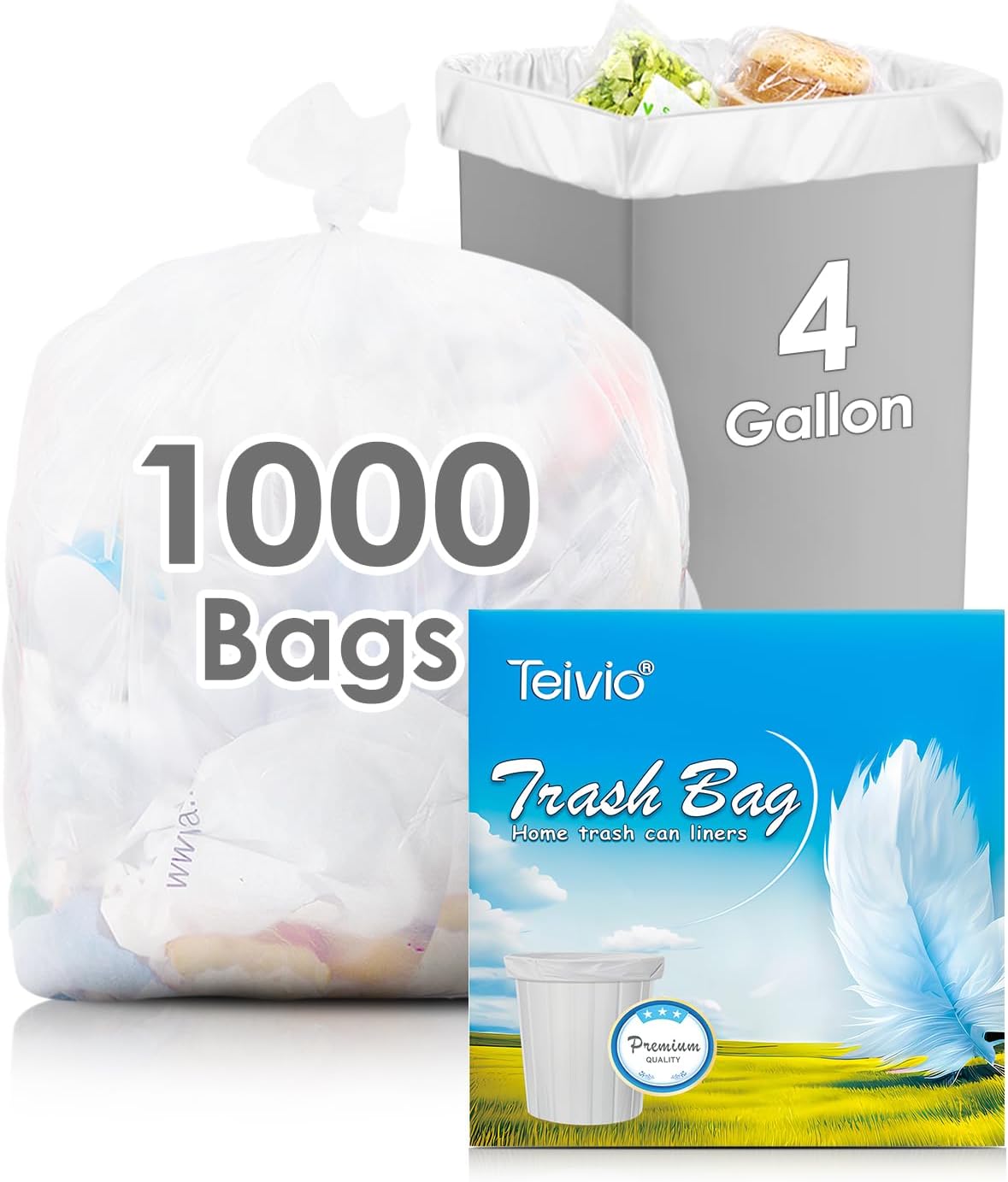 4 Gallon 1000 Counts Strong Trash Bag Garbage Bags by Teivio, Bathroom Trash Can Bin Liners, Small Plastic Bags for home office kitchen
