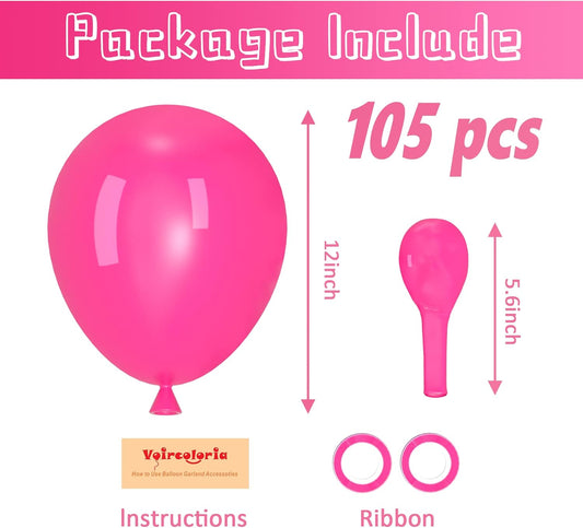 105pcs Hot Pink Balloons 12inch Dark Pink Balloons for Birthday Graduation Baby Shower Wedding Anniversary Princess Theme Party Valentine's Day Decorations