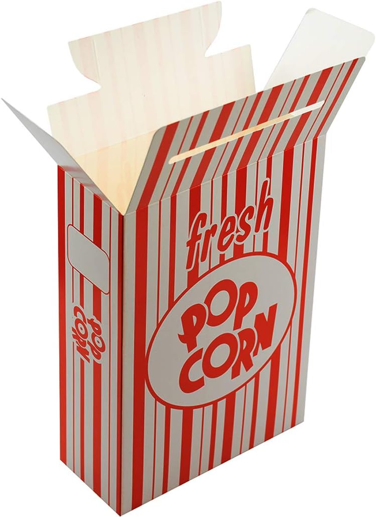 Fasmov 100 Pack Paper Popcorn Boxes, 6" L x 2 1/2"W x 8 1/2 "H Close Top Movie Theater Popcorn Boxes, Popcorn Containers for Movie Party and Theater Night (Red and White Stripes)