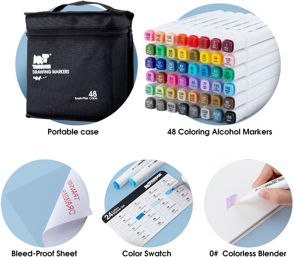 TRANSON Alcohol Markers for Drawing Coloring 48 Colors Dual-tip Fine and Brush Tips