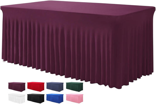 Table Skirt for 4 Foot Tables - One-Piece Burgundy Tablecloths and Skirt, Wrinkle Resistant Ruffles Elastic Cover for Banquets, Weddings, Events, Parties