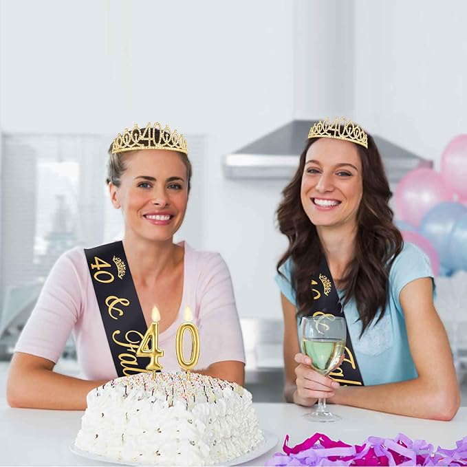 40th Birthday Decorations for Women with Sash Black and Tiara Gold, Number Candles Gold, Womens 40 Birthday Decorations