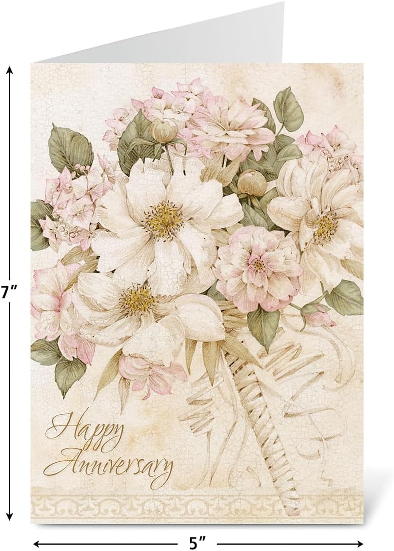 Bouquet Anniversary Wishes Greeting Cards - Set of 8 (4 designs), Large 5" x 7" Wedding Cards with Sentiments Inside, White Envelopes