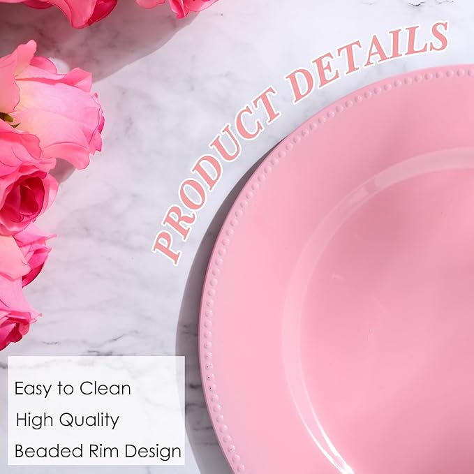 Jinei 36 Pack Pink Charger Plates 13 Inch Plastic Beaded Round Charger Plates Wedding Table Decoration Reusable Dinner Plate Tray for Birthday Party Holiday Event
