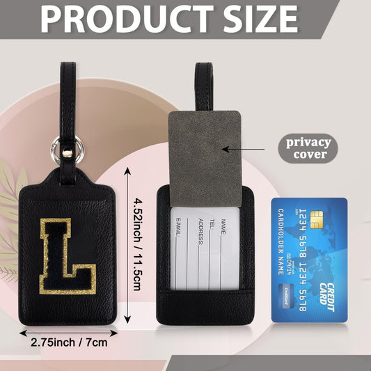 Personalized Initial Luggage Tags for Suitcases, Leather Chenille Letter Cute Luggage Tags with Privacy Name Card, Embroidered Travel Bag Backpack Tags Gifts for Women Kids Girls Teens(Black-L)
