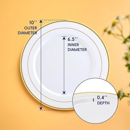 JOLLY CHEF 100 Pieces Gold Plastic Plates, 10 Inch Elegant Disposable Dinner White with Gold Rim, Disposable Plastic Plates for Christmas, Birthdays and Weddings