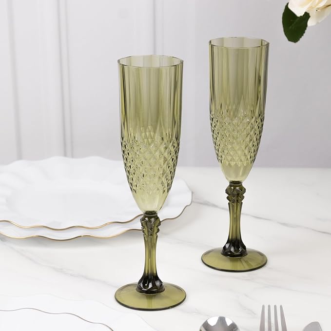 Efavormart 6-Pack Champagne Glasses, 8oz Shatterproof Plastic Crystal Cut Toast Flutes, Dusty Sage Green for Party Celebration Wedding