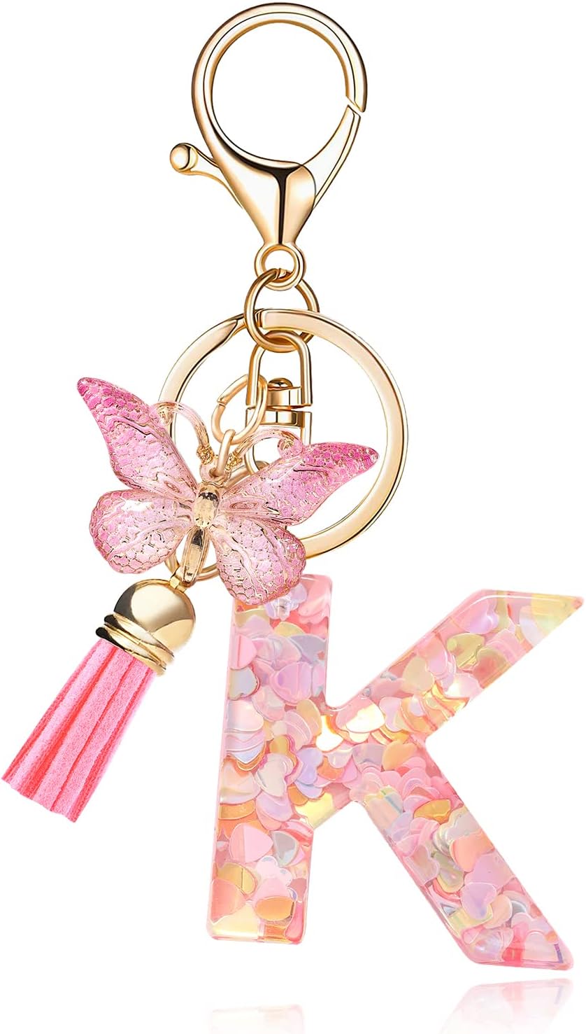 Fashion Alphabet Initial Letter Keychain Tassel Butterfly Pendant Key Ring for Purse Handbags Women Girl
