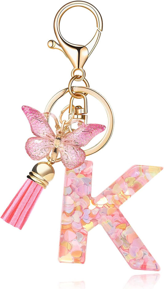 Fashion Alphabet Initial Letter Keychain Tassel Butterfly Pendant Key Ring for Purse Handbags Women Girl