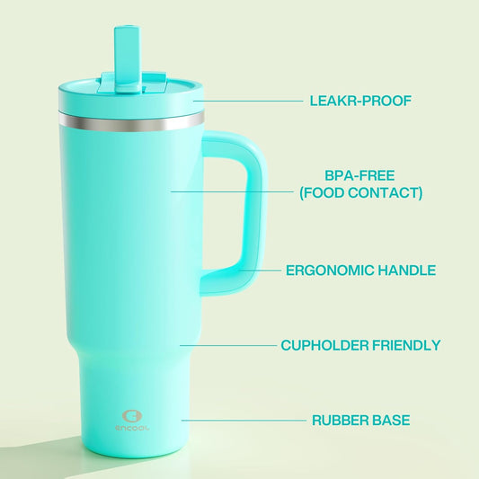 40 oz Tumbler with Handle and Straw: Stainless Steel Insulated Tumbler Keeps Cold for 24 Hours, Leakproof Travel Cup Fits in Cup Holder and BPA-Free,Aquamarine Blue