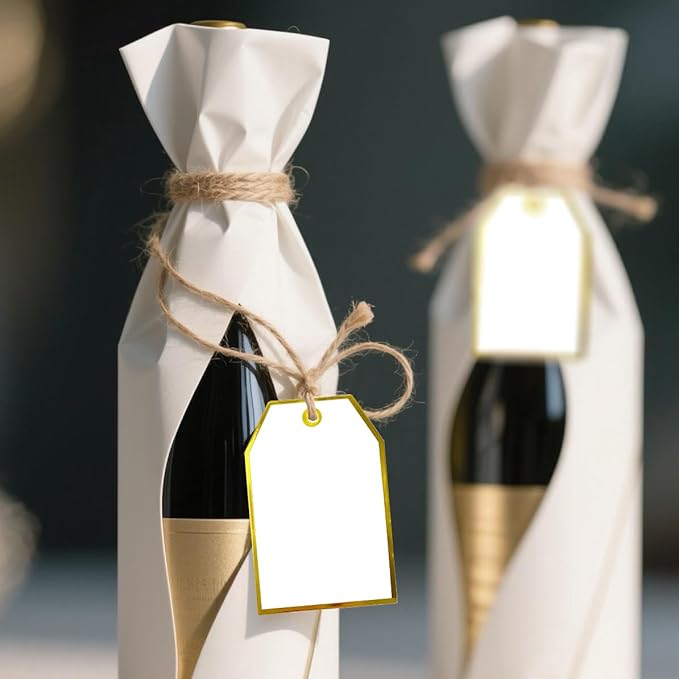 ASYEHJNR 100Pcs Gold Gift Tags with String Attached Foil Gold Frame Large White Paper Gift Tags Presents with 65 Ft Jute Twine for Christmas Holiday Baby Shower Wedding Birthday Gift Wrap Tags