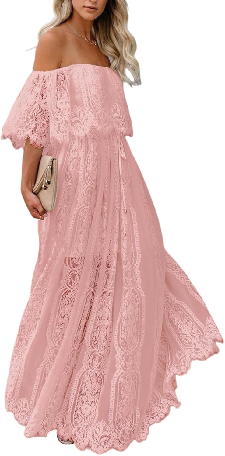 HOYISHION Women's Off The Shoulder Floral Lace Maxi Dress White Bridesmaid Wedding Party Maternity Photoshoot Long Dresses