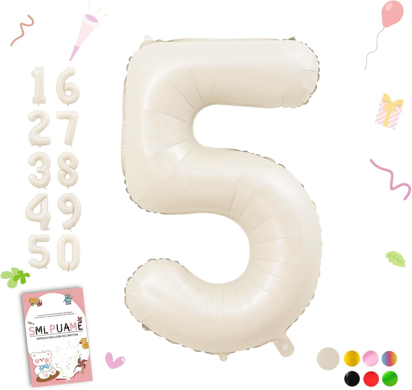 Smlpuame 40 Inch Beige Number 5 Balloons for 5th Birthday Decorations Boys Girl, Giant Self-Sealing Cream Foil Number 0-10 White Sand Balloon for Women Men Party Anniversary Baby Shower Supplies
