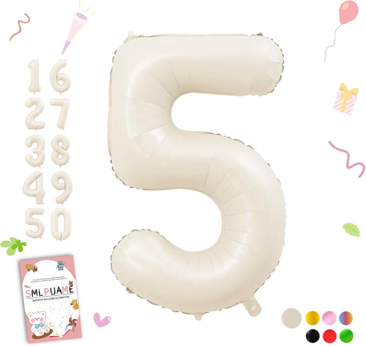 Smlpuame 40 Inch Beige Number 5 Balloons for 5th Birthday Decorations Boys Girl, Giant Self-Sealing Cream Foil Number 0-10 White Sand Balloon for Women Men Party Anniversary Baby Shower Supplies