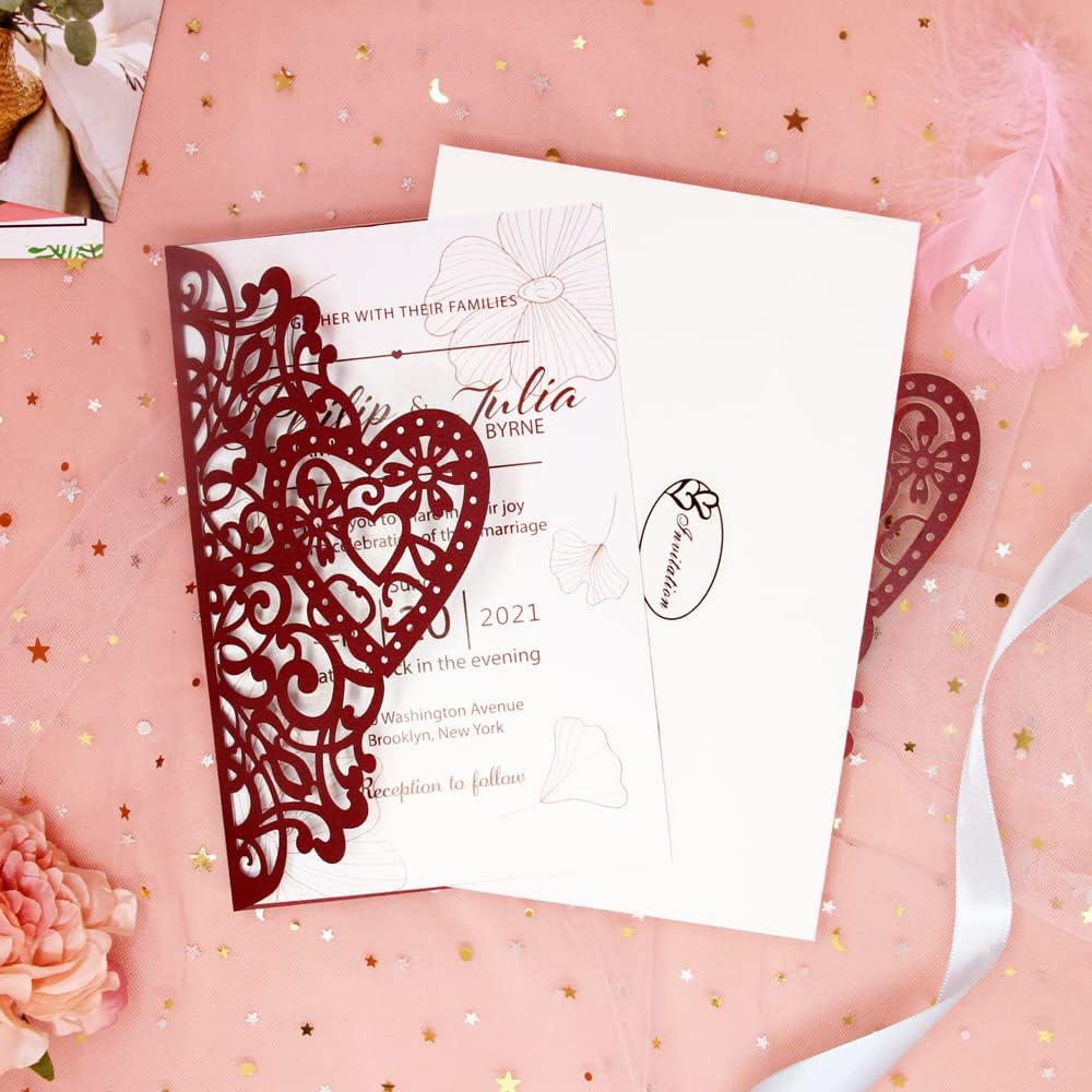 FOMTOR Wedding Invitations Cards Laser Cut Kits 50 Packs Laser Cut Wedding Invitations with Blank Printable Cards and Envelopes for Wedding Birthday Partie Baby Shower (Wine Red)