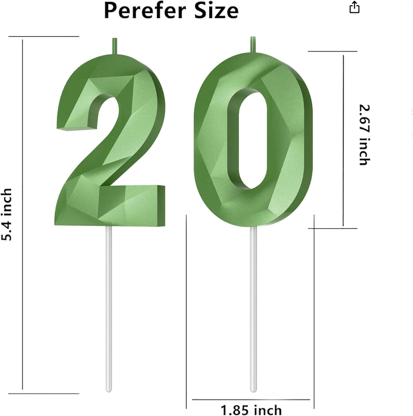 Number Birthday Candles(20 Candle Green) 3D Diamond Shape Number Happy Birthday Cake Candles for Birthday Party Wedding Decoration Reunions Theme Party