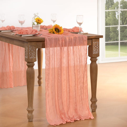 Coral Pink Cheesecloth Table Runner Fall Table Runner Boho Gauze 120 Inches Coral Cheese Cloth Fall Table Decorations for Thanksgiving Wedding Bridal Baby Shower Tea Party Decor
