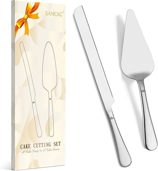 SANEXC Cake Cutting Set for Wedding - Extended Cake Knife And Server Set Thickened Stainless Steel Cake Cutter and Pie Spatula Great for Birthday Anniversary Christmas Gift Silver 2 Pcs