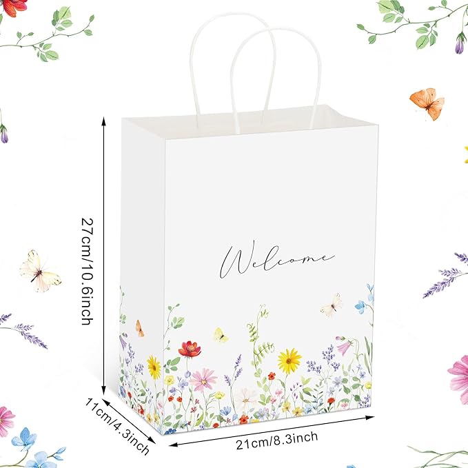 Sweetude 50 Pieces Wildflower Welcome Bags for Wedding Guests Gift Paper Bridal Baby Shower Favor Wedding Welcome Bags with Handles Wildflower for Retail Party Shopping