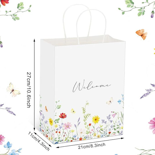Sweetude 50 Pieces Wildflower Welcome Bags for Wedding Guests Gift Paper Bridal Baby Shower Favor Wedding Welcome Bags with Handles Wildflower for Retail Party Shopping
