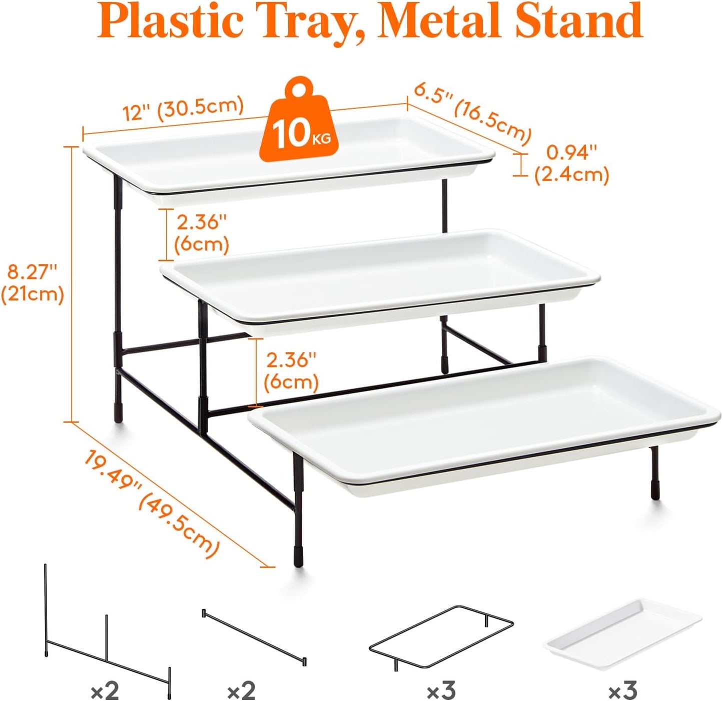Lifewit 3 Tier Serving Tray, 12" x 6.5" White Plastic Tiered Food Serving Platters, Tiered Tray Stand for Party with Black Collapsible Metal Stand, Dessert Display Stands for Cookies, Crackers