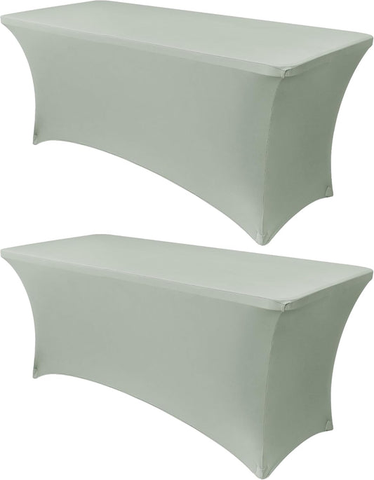 Obstal 2PC Sage Green Tablecloth - 6ft Rectangle Spandex Table Cover for Party, Events, Banquets & Weddings, Machine Washble