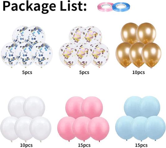 Balloons Pink and Blue, 60 Pack 12 Inch Pastel Light Pink Blue with Metallic Gold Confetti Balloons for Birthday, Gender Reveal, Baby Shower, Boy or Girl Party Decoration