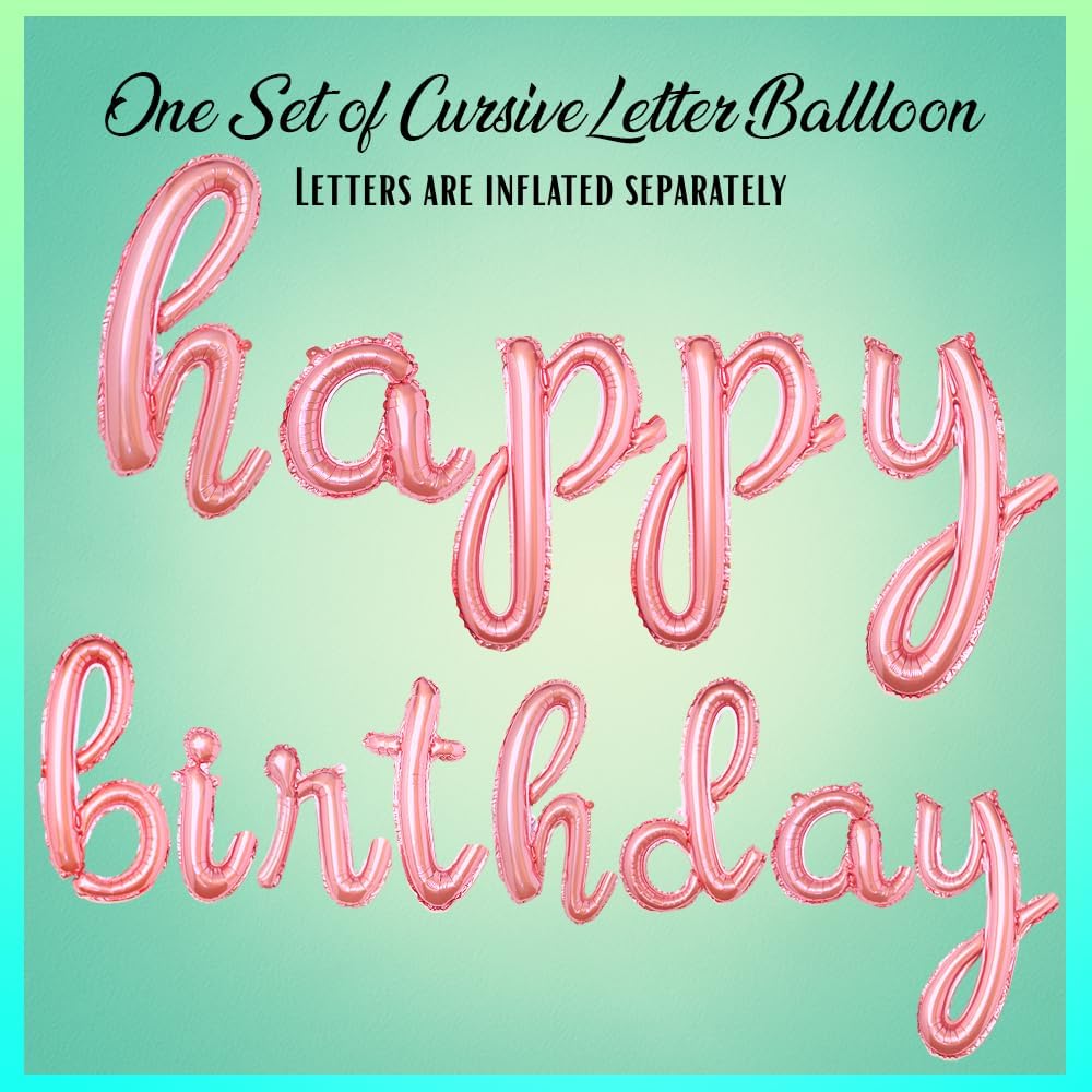 Rose Gold Happy Birthday Balloons Banner | Script/Cursive Rose Gold Letter Balloon Sign For Birthday Party Decor/Decoration | Foil Mylar Happy Birthday Banner