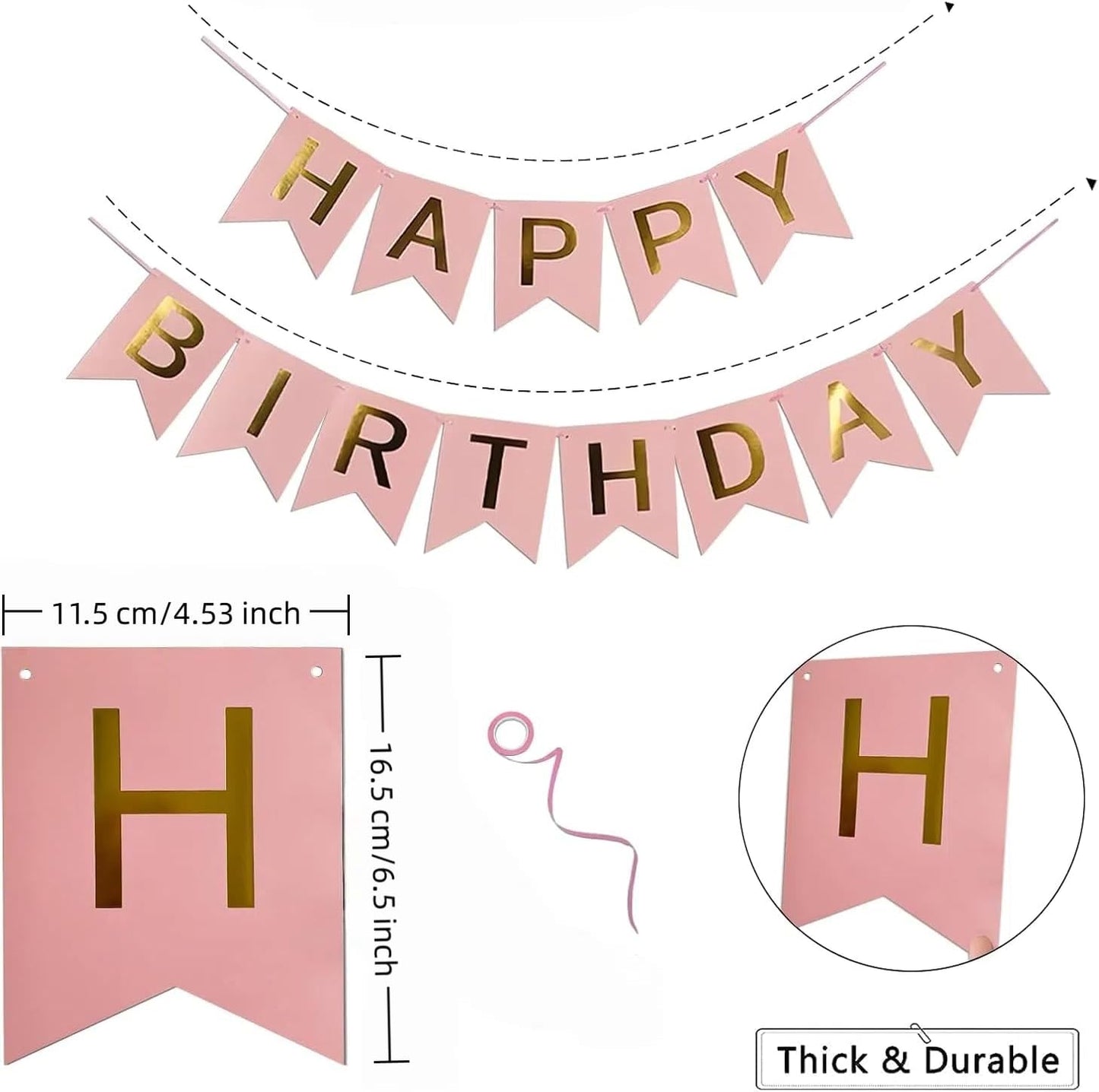 Pink Happy Birthday Banner - Large Gold Lettered Decor for Birthday Party, Reusable Black & Gold Party Supplies for Boys, Girls, Men, Women