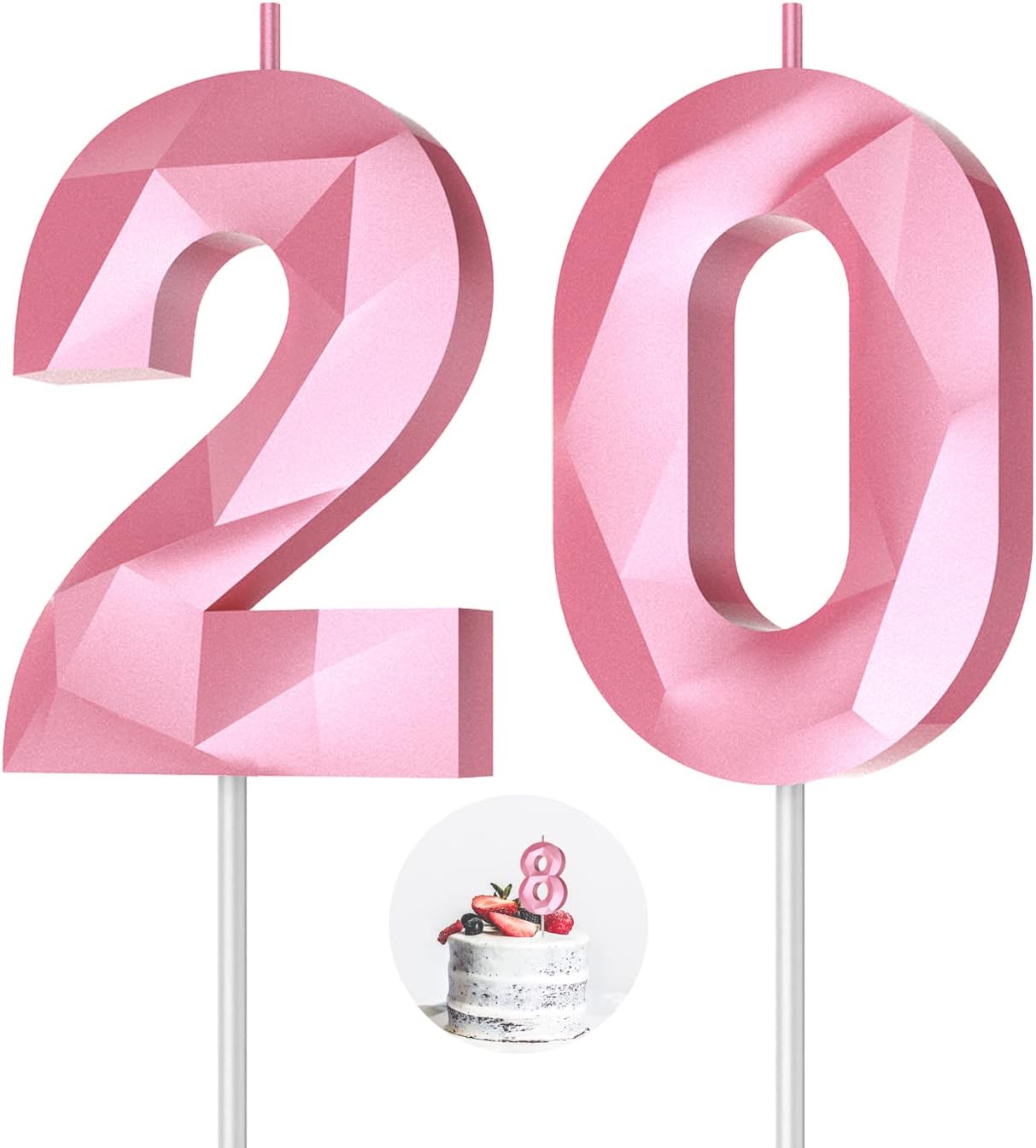 Number Birthday Candles(20 Candle Pink) 3D Diamond Shape 20th Happy Birthday Cake Topper Decorations for Women Men Birthday Wedding Anniversary Celebration Theme Party Supplies