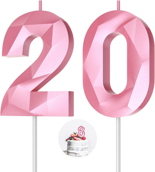 Number Birthday Candles(20 Candle Pink) 3D Diamond Shape 20th Happy Birthday Cake Topper Decorations for Women Men Birthday Wedding Anniversary Celebration Theme Party Supplies