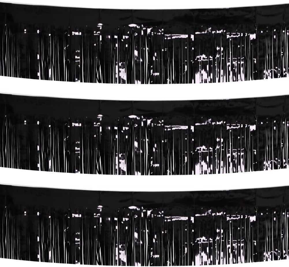 3 Pack Total 30 Feet Foil Fringe Garland Metallic Wall Hanging Drapes Tassel Skirting Tinsel Streamers Decorations for Parade Float Trailer Mardi Gras Party Birthday Wedding (Black)