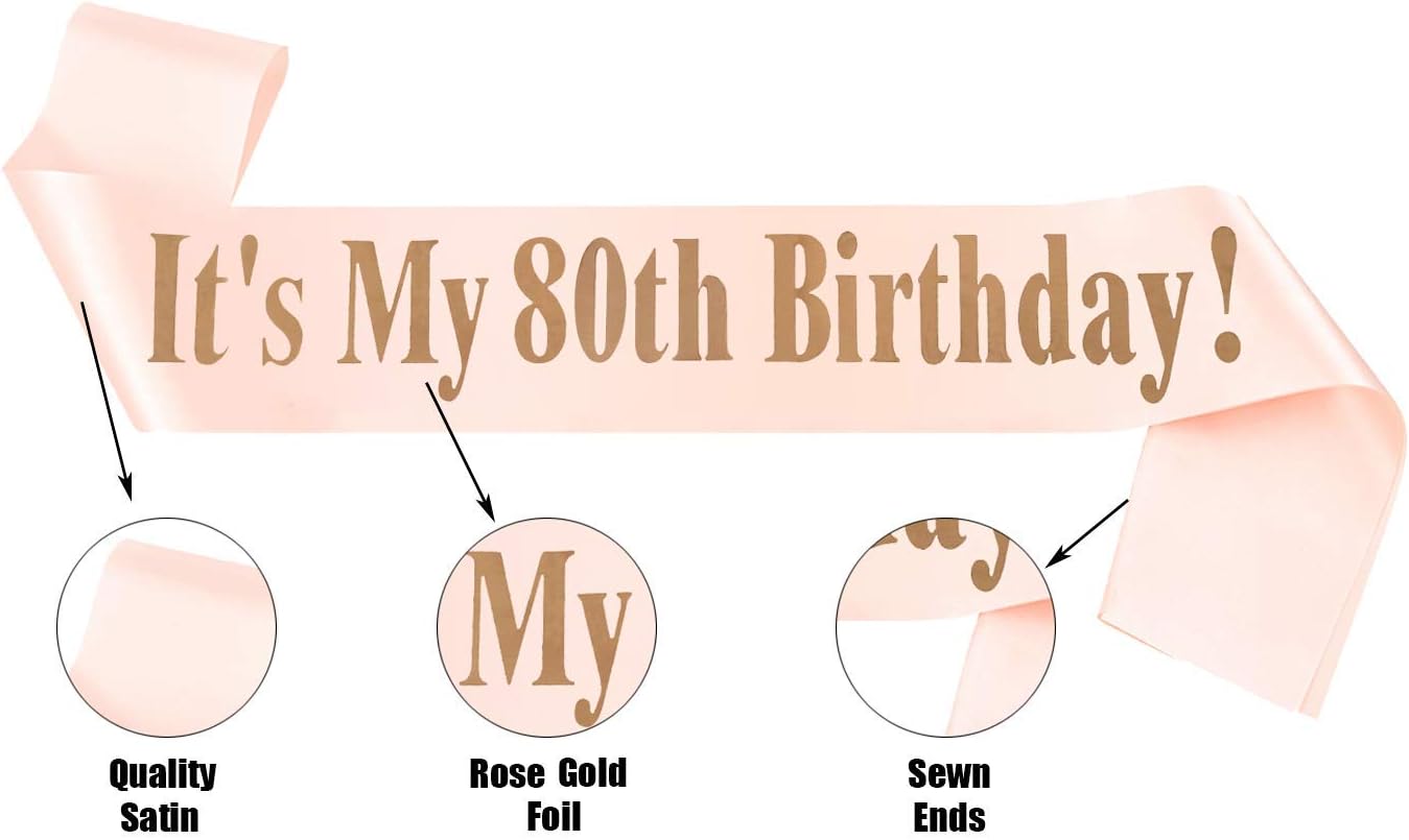 80th Birthday Tiara and Sash for Women, Crystal Headpiece Birthday Crown Party Supplies, Women's Birthday Gifts(Rose Gold)