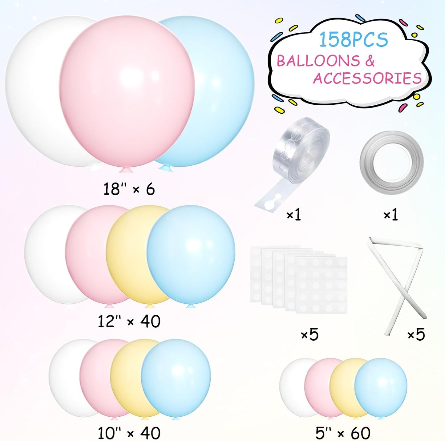 Pastel Balloon Garland Arch Kit 146Pcs Macaron Pink Blue White Yellow Latex Balloons Different Sizes 18 12 10 5 Inch for Gender Reveal Baby Shower Wedding Birthday Party Decoration