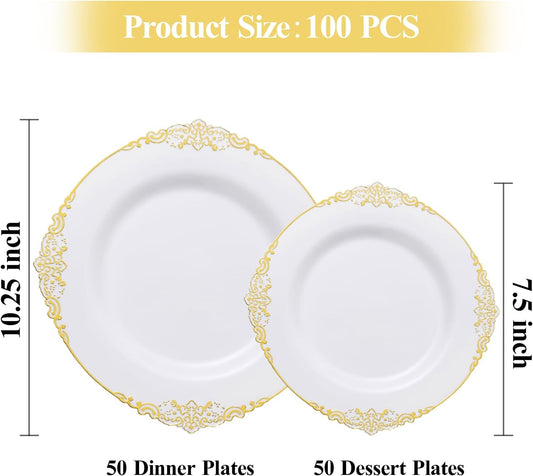 100 PCS White and Gold Plastic Plates for 50 Guests, Gold Disposable Plates Include 50 PCS Dinner Plates, 50 PCS Dessert Plates for Party, Wedding and Graduation