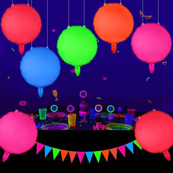 Mega-L Glow in the Dark Party Supplies, 5 Pcs Neon Round Balloons Set – Fluorescent Red, Lemon Yellow, Fuchsia, Blue and Orange Balloons Perfect for Birthday, Wedding, Anniversary, Graduation Party