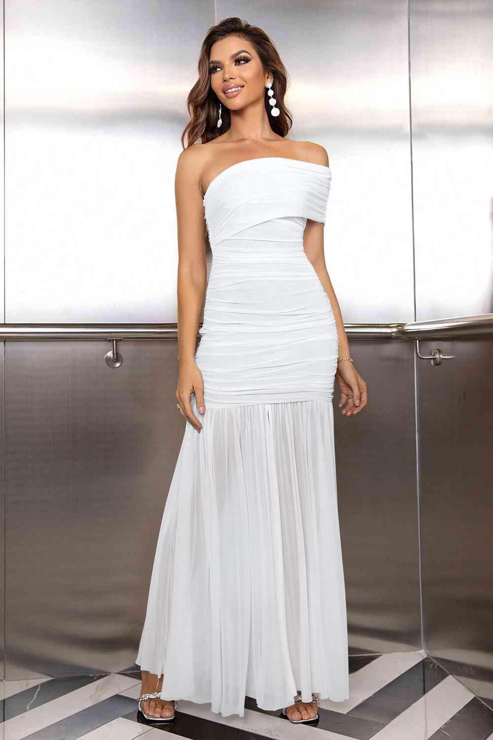 LAGSHIAN Women's Elegant Formal Long Dress One Shoulder Sleeveless Ruched Bodycon Evening Dress